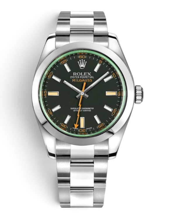 Rolex Milgauss Rayo: esfera negra con aguja naranja en forma de rayo, aro verdoso y pulsera de tres eslabones