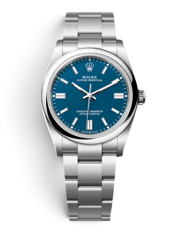 Rolex Oyster Perpetual Azul: esfera azul con índices de barra, sin ventana de fecha, bisel liso y pulsera de tres eslabones