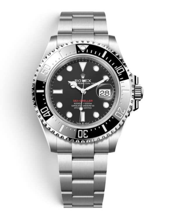 ROL26 Rolex Sea-Dweller Negro: esfera negra con índices de punto, bisel negro con escala de minutos y pulsera de tres eslabones