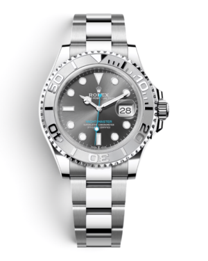 Rolex Yacht-Master 40 Gris: esfera gris oscuro con índices de punto, bisel claro con números en relieve y pulsera de tres eslabones
