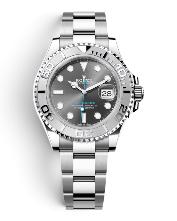 Rolex Yacht-Master 40 Gris: esfera gris oscuro con índices de punto, bisel claro con números en relieve y pulsera de tres eslabones
