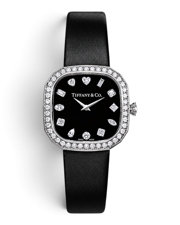 Tiffany & Co. Eternity Negro: esfera negra con piedras brillantes de formas variadas, bisel con brillos y correa negra satinada