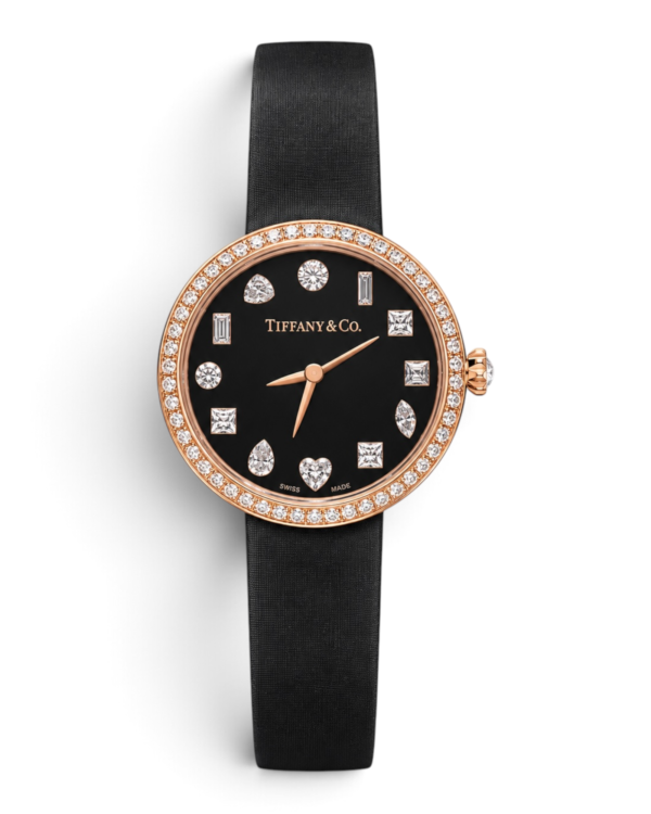 16A6758A-71C8-4BF0-92B1-57D52A9593C7-Photoroom Tiffany & Co. Eternity Negro Rosegold: esfera negra con piedras brillantes de formas variadas, bisel rosegold con brillos y correa negra satinada