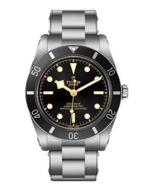 TUD6 Tudor Black Bay 54: esfera negra con marcas doradas, bisel negro con números blancos y pulsera de tres eslabones
