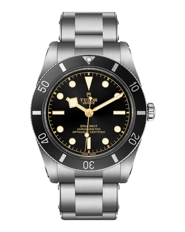 Tudor Black Bay 54: esfera negra con marcas doradas, bisel negro con números blancos y pulsera de tres eslabones