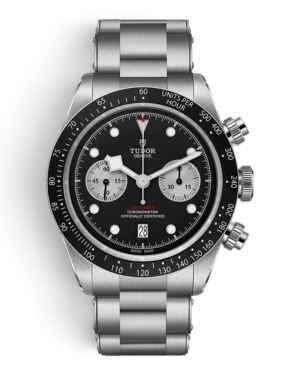 TUD7 Tudor Black Bay Chrono: esfera negra con dos subesferas plateadas y fecha a las 6, bisel negro con escala y pulsera de tres eslabones