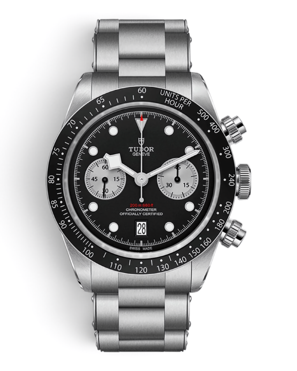 TUD7 Tudor Black Bay Chrono: esfera negra con dos subesferas plateadas y fecha a las 6, bisel negro con escala y pulsera de tres eslabones