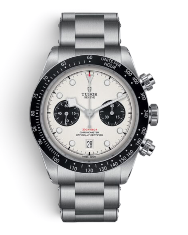 Tudor Black Bay Panda: esfera blanca con dos subesferas negras y fecha a las 6, bisel negro con escala y pulsera de tres eslabones